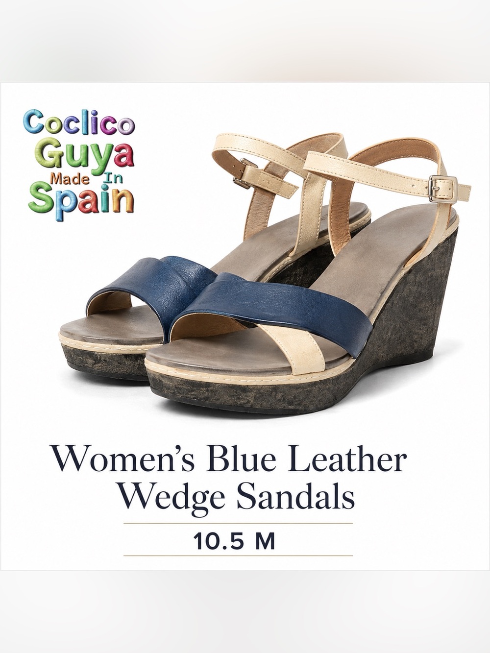 Coclico Guya Women’s Blue Leather Wedge Sandals Made in Spain 10.5 M